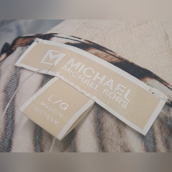 NWT Michael Kors Animal Print Dress Midi Ruched Gold Chain Camel $175 Large - Picture 5 of 13